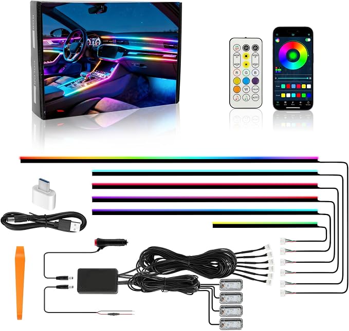 DREAMOTOR Dreamcolor Acrylic Interior Car LED Strip Lights with APP&Remote Control RGB 10 in 1 Ambient Lighting Kits Fiber Optic Strip LEDs Music Sync Car Neon Lights for Cars,SUVs,Trucks