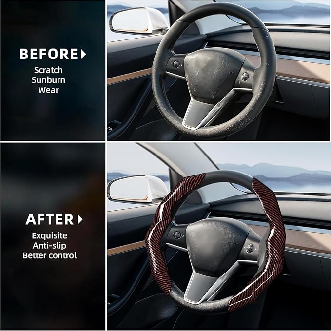 Carbon Fiber Steering Wheel Cover 2PCS Segmented Clip-on Protector (Brown) | Universal Fit, Anti-Slip Lining, Sporty Style, Car Interior Accessory for Men and Women