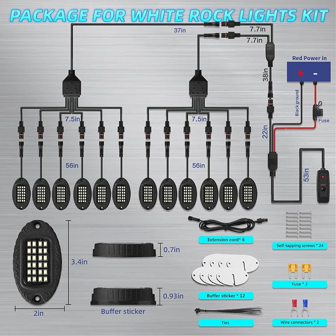 12Pods Metal Pure White LED Rock Lights Kit 6500K for Truck Pickup Offroad | Aluminum Housing, Plug-and-Play & Pre Wired, Switch Wiring Harness Extension Fuse, 288Chips Waterproof 12V, Pure Copper Wire