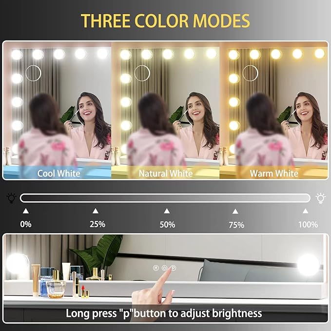 Gvnkvn 24 Extra Bulbs Vanity Mirror with Lights, 32WX24L Tabletop Hollyhood Makeup Mirror USB+Type-C Charging, Hollywood Lighted Mirror,3 Colors Modes,Touch Control,Metal Frame,White