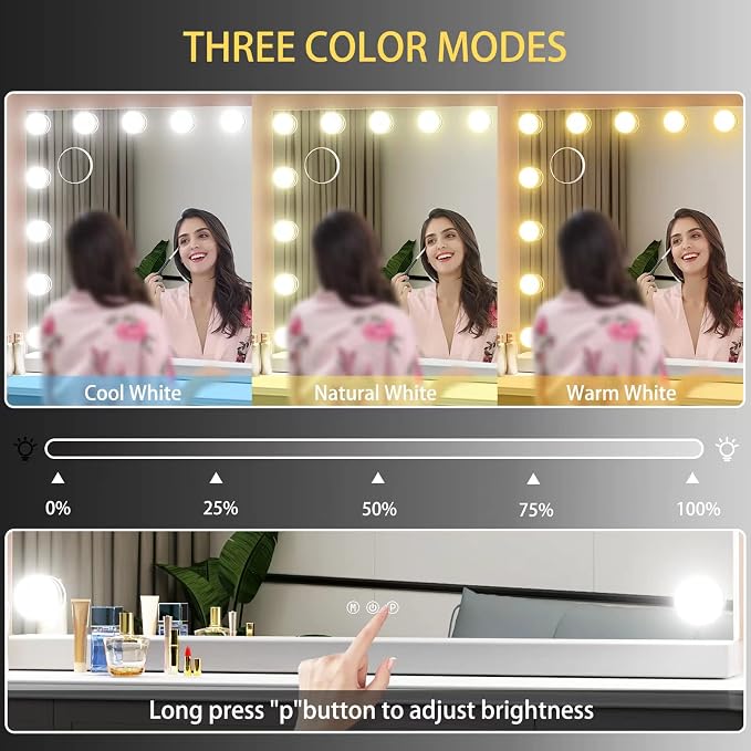 Gvnkvn 22.8 x 18.2 Vanity Makeup Mirror with Lights, 10X Magnification,Large Hollywood Lighted Vanity Mirror with 15 Dimmable LED Bulbs, USB Charger Port, Tabletop or Wall-Mounted Gold