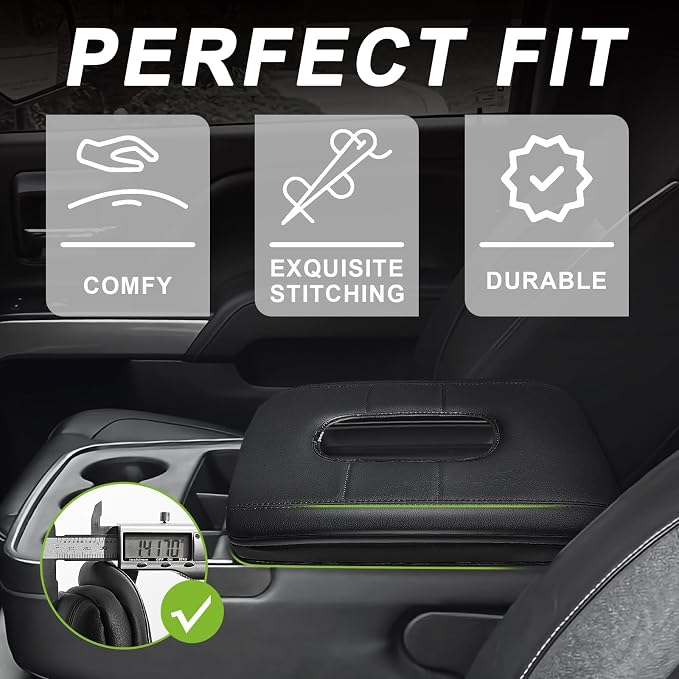 Muslogy Center Console Armrest Cover Fit for Chevy Silverado & GMC Sierra 1500 2500 3500HD 2014-2018 Accessories, Comfort Armrest Pad Console Lid Cushion Vegan Leather 1-Inch Thick(Split Bench Seat)