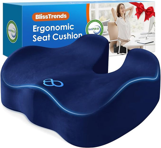 BlissTrends Seat Cushion,Thick Memory Foam Cushions for Office Chair, Car Seat, Airplane, Relieving Pressure Tailbone Sciatica Back Pain for Long Sitting Office Workers, Car Drivers 4.7in Thick Blue