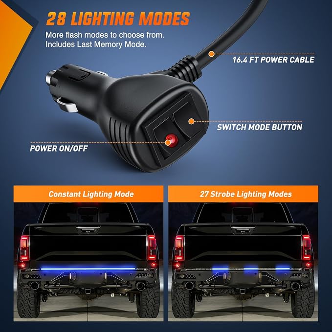 Nilight 60 Inch Truck Tailgate Strobe Light Strip Tail Emergency Bar Rear Window Warning Lamp Ultra-Bright Double Row 360 LED for Pickup Trailers Construction Vehicles Car SUV, Blue