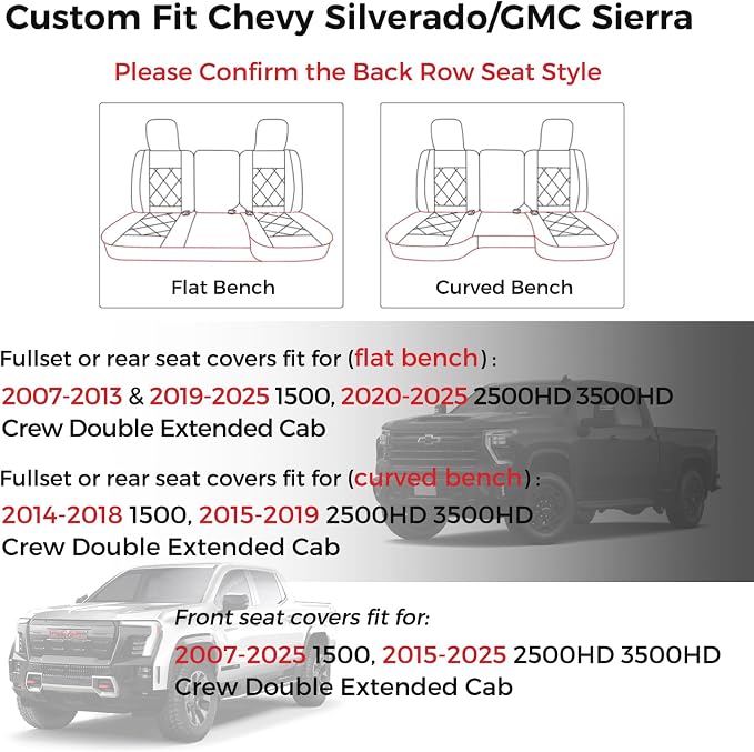 Huidasource Fit for Chevy Silverado Front Seat Covers, GMC Sierra Front Seat Covers, 1500 2007-2026, 2500HD 3500HD 2015-2026 Crew Double Extended Cab, Thickened Nappa Leather Covers (Front Pair/Black)