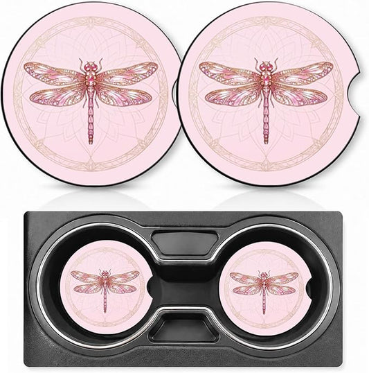 2PCS Dragonfly Car Cup Holder Coasters Neoprene Car Coasters Universal | 2.75" Anti-Slip Rubber Mat with Finger Slot for Vehicle SUV Truck Cute Cars Accessories Dragonfly Gifts for Women Men