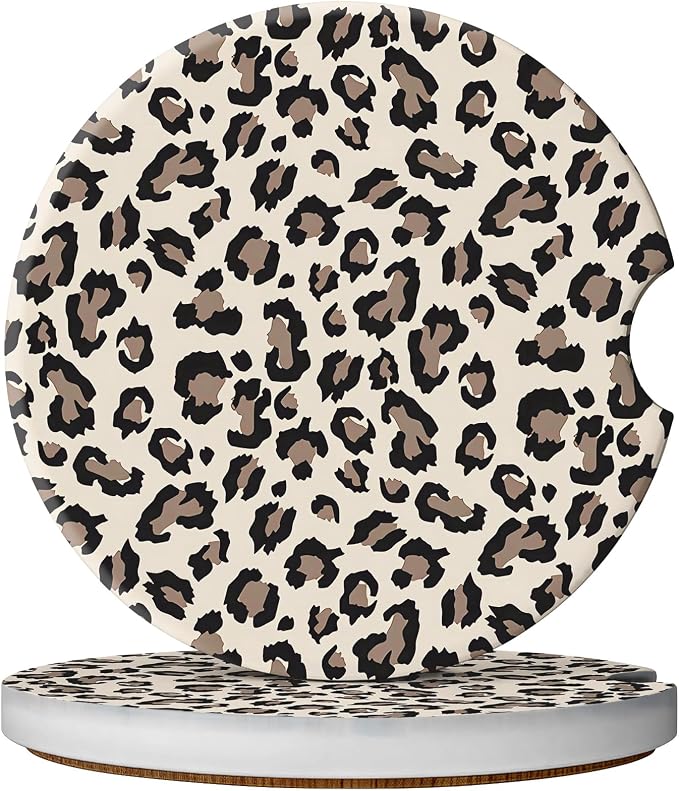 2 Pack Car Coasters for Cup Holders, Absorbent Ceramic Cup Coaster with Cork Base and Finger Notch, Cute Car Accessories Interior for Women Men (Leopard-Yellow)