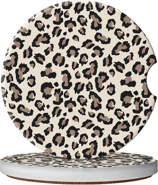 2 Pack Car Coasters for Cup Holders, Absorbent Ceramic Cup Coaster with Cork Base and Finger Notch, Cute Car Accessories Interior for Women Men (Leopard-Yellow)
