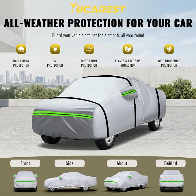 TUCAREST 6-Layers Heavy Outdoor Pickup Full Car Cover Hard Shell Zipper Design Waterproof All Weather Weatherproof UV Sun Protection Snow Dust Storm Resistant with Straps (Fit for UP to 213"-237")