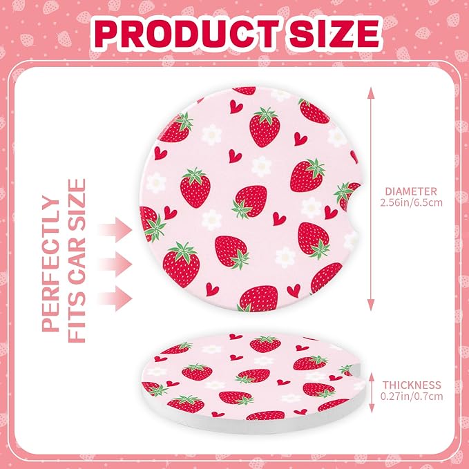 2 Pack Strawberry Car Coasters for Women Car Cup Holder Coasters, 2.63 Inch Anti Slip Ceramic Absorbent Coaster with Cork Base and Finger Notch, Cute Car Accessories Interior