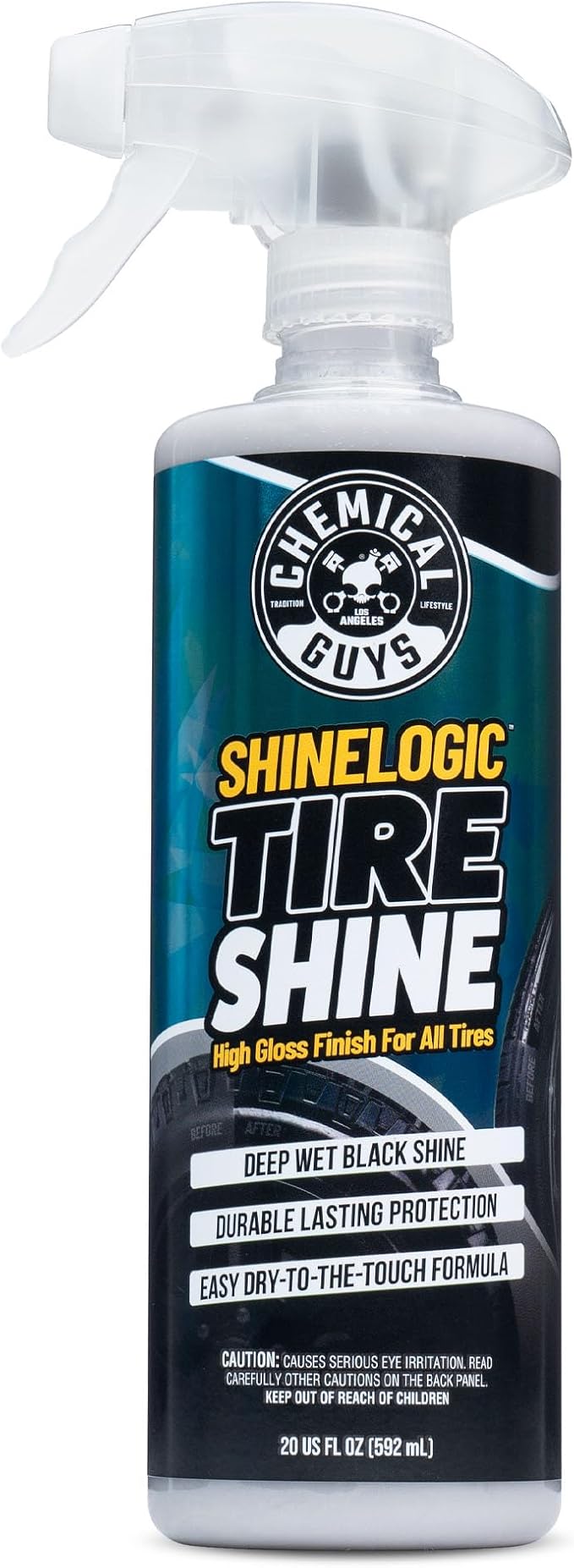 Chemical Guys, ShineLogic Deep Wet Black Tire Shine Dressing, Gloss, 20 oz | Dries to the touch so it will not fling onto paint, and the trigger sprayer reaches sidewalls without bending down