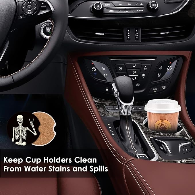 Britimes Absorbent Car Coasters 2 Pack for Cup Holders, 2.56" Ceramic Stone & Non-Scratch Cork Base Drink Coasters Human Skeleton