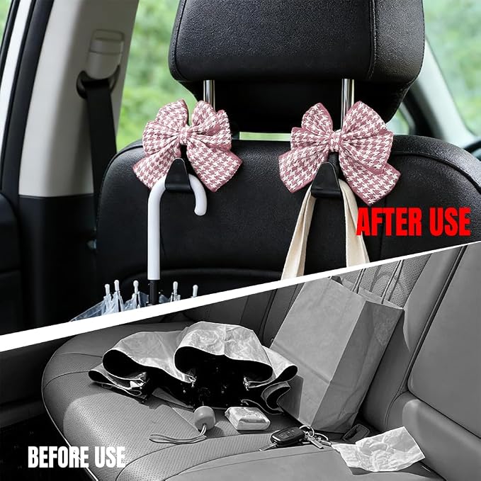 2PCS Car Seat Headrest Hooks, Car Purse Hook, Cute Bow Knot Vehicle Seatback Hanging Storage Organizer, Auto Seatback Decor Organizer Hanger for SUV Truck (Houndstooth/Pink)