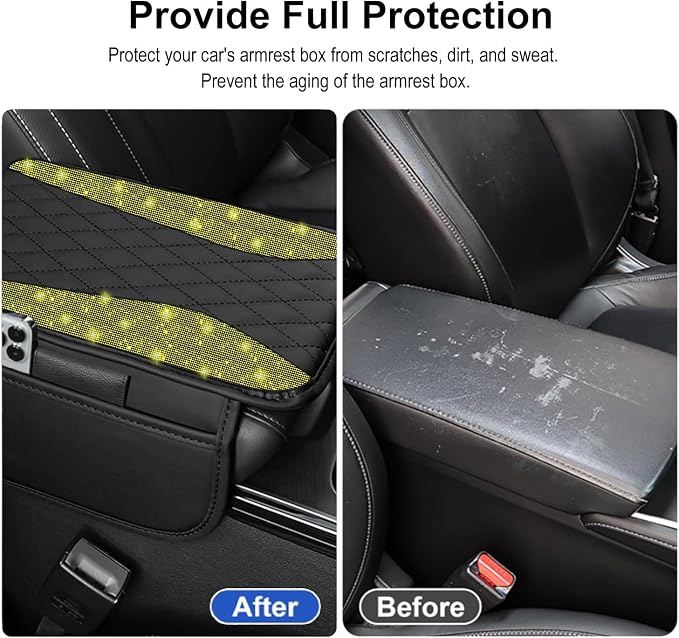 NBTEPEM Bling Car Center Console Cover, Leather Middle Console Cover with 2 Storage Bags, Universal Arm Rest Cover Protector, Bling Car Accessories Interior Fit for Most Vehicles, Yellow Diamond