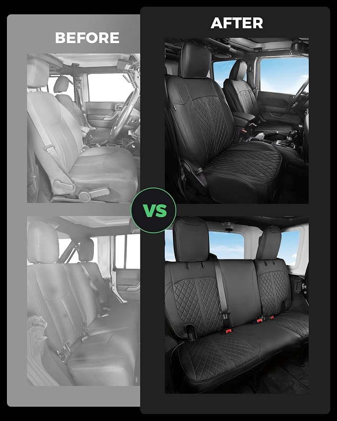 for Jeep Wrangler Seat Covers 4Door JK 2013 2014 2015 2016 2017, Custom Fit Car Seat Cover Full Set, Luxury Leather Seat Protectors, Waterproof SUV Interior Cushions Accessories, Black