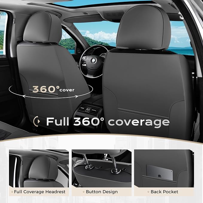 Coverado Universal Car Seat Covers Full Set, Minimalist Scratch-Resistant Waterproof Faux Leather Front & Rear Seat Protectors, Business Daily Driving – GrayBlack