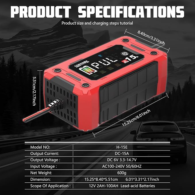 COREBOX Battery Charger 15-Amp 12V Automatic Smart Battery Trickle Charger, Battery Maintainer Desulfator with Temperature Compensation for Car Truck Motorcycle Lawn Mower Marine
