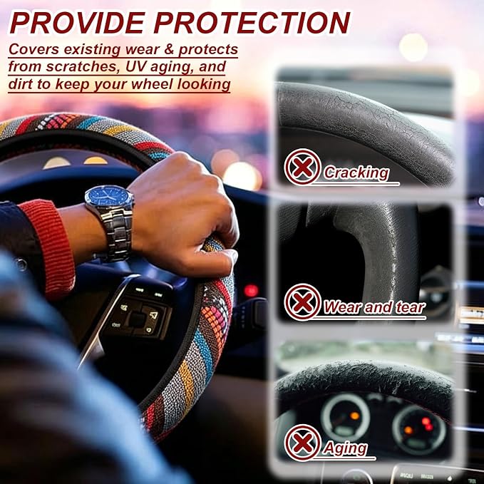 Boho Flax Cloth Steering Wheel Cover, Hippie Baja Blanket Anti-Slip Breathable Protector, Universal Fit 14.5-15 Inch for Cars SUV Van Truck, Women Car Interior Accessories (Style A)