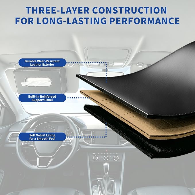 Car PU Leather Clip On Visor Tissue Holder with Mirror Storage Black | Tissues Box Cover for Sun Visors Large Rectangle Napkin Holder Fit for Various Tissue Sizes Box Organizer for SUV Sedan Truck