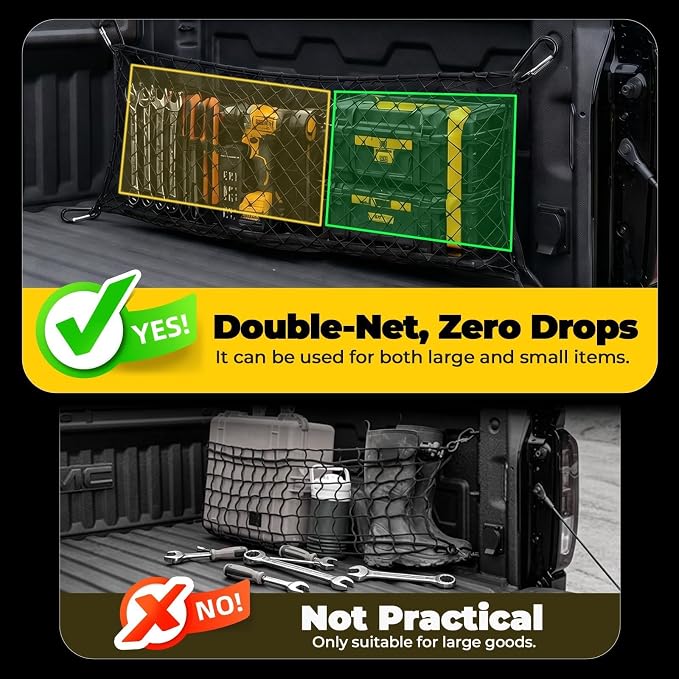 Side Cargo Net for Chevrolet Silverado 1500, GMC Sierra 1500& Dodge RAM1500 | 2019-2026, Double Layer Truck Bed Cargo Net, Heavy Duty Cargo Organizer Storage Nets, Tailgate-Free Side Access for Camping
