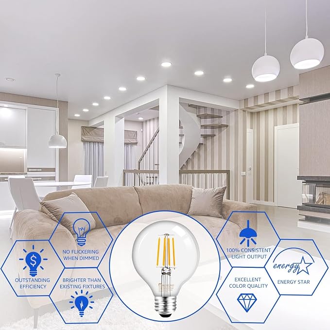 Mastery MART G25 Globe Light Bulbs, Dimmable, E26 Base, 60W Equivalent, 5000K Daylight White, Vintage Filament for Bathroom Mirror, 5.5W LED, UL Listed, Energy Star, 6-Pack
