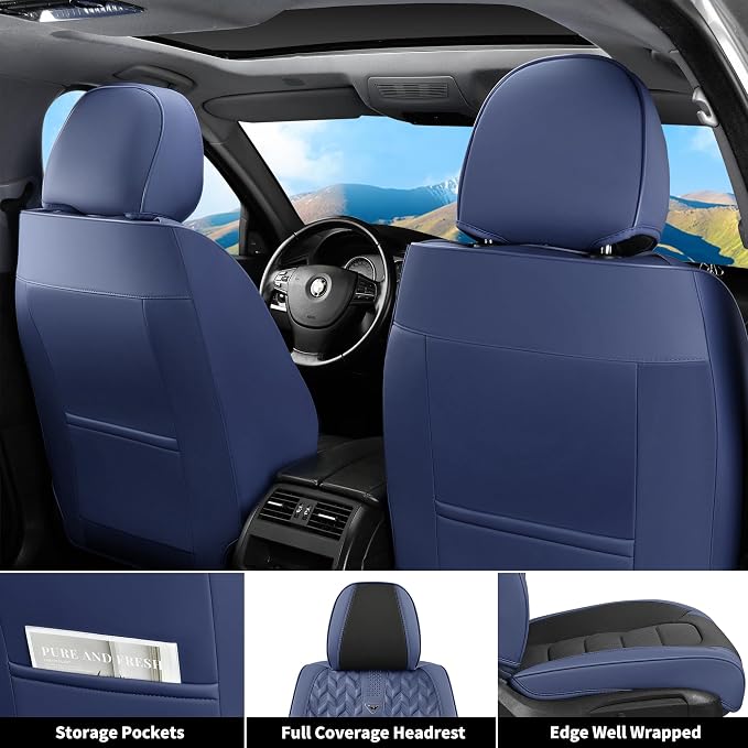 FLORICH Car Seat Covers Full Set, Leather Seat Cover, Front and Rear Seat Covers 5 Seats, Waterproof Car Seat Cushion Protector Accessories for Sedan SUV Pick-up Truck (Blue&Black, Full Set)