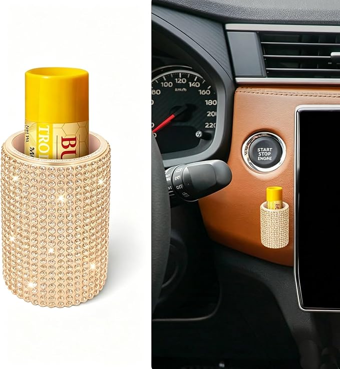 Upright Car Chapstick Holder, Bling Insulating Lip Balm Holder,Rhinestone Car Accessories for Women Interior ,Suitable for Most Vehicles. (Champagne Gold)