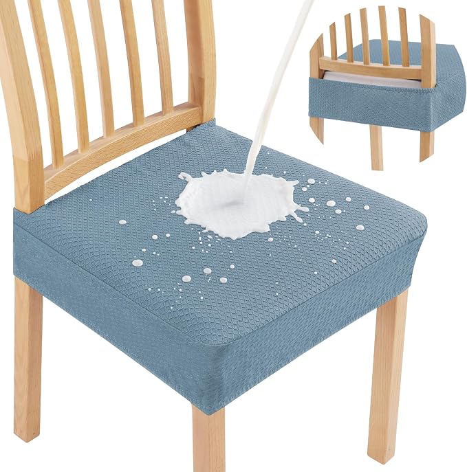 Smiry Waterproof Seat Covers for Dining Room Chairs Set of 2, Stretch Jacquard Removable Washable Chair Seat Slipcovers Protector, No Rear Covers, Airy Blue