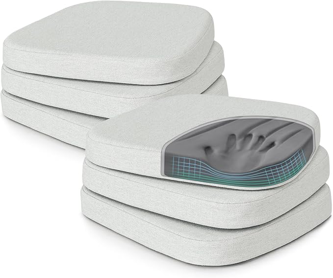 Shinnwa Dining Chairs Cushions Set of 6, Patented Design Memory Foam Kitchen Chair Pads with Ties and Washable Cover, 6 Pack, 17" x 16" x 2", Off White