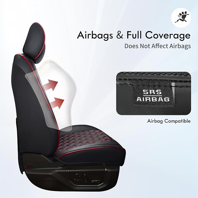 Huidasource Dodge Ram 1500 Front Seat Covers, Full Coverage Truck Seat Cover Fit for 2009-2018 ram 1500, 2010-2025 ram 2500/3500 Crew/Mega Cab, 2019-2025 ram 1500 Classic Only(Flat Front/Black&Red)