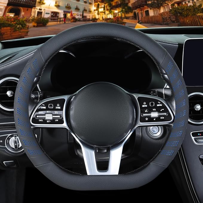 3D Soft 14 inch Leather D Shape Steering Wheel Cover Black Blue | Breathable Anti-Slip Premium Skin-Feel Perforated Thin Nappa Leather, Small 13.5 inch to 14 inch