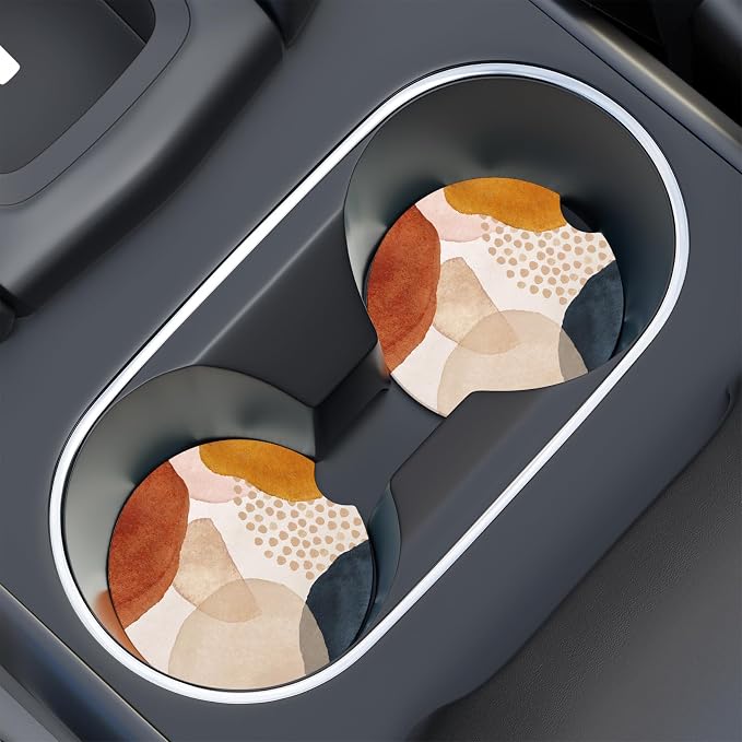 Car Cup Holder Coaster, Car Coasters for Cup Holders, 2 Pack Universal Anti Slip Insert Absorbent Ceramic Auto Interior Accessories with A Finger Notch & Cork Base, Simple Abstract Art