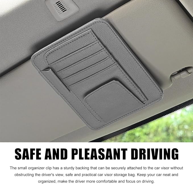 povtii Car Sun Visor Organizer, Waterproof Leather Car Sun Visor Storage Clip, Multifunctional Vehicle Sun Visor Folder with Sunglasses Clip, Universal Interior Car Accessories (Gray)