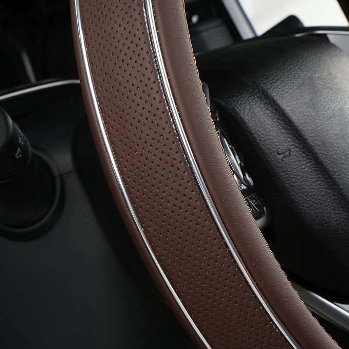 ALEMODR Brown Leather Steering Wheel Cover Fiber Strip Car Steering Wheel Cover Universal 15 inch for Men