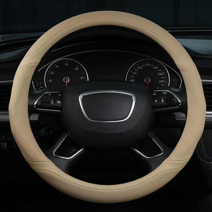 ALEMODR Buff Leather Steering Wheel Cover Universal 15 inch