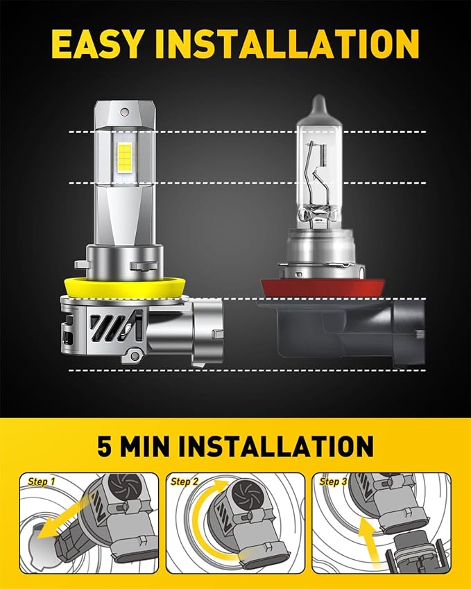 AUXITO H11/H8 LED Bulb, 80000LM 6500K White, 1:1 Mini Fit, Non-Polarity Plug & Play, EMC Ready, for Fog Lights, Driving Lamps, Replacement Bulbs Pack of 2