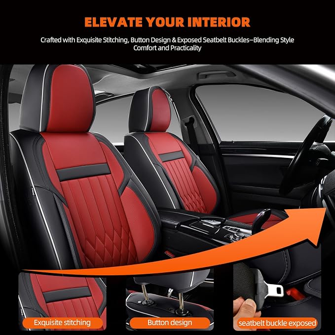 5-Seater Waterproof and Breathable Nappa Leather Car Seat Covers Full Set, Fit for Front and Rear Seats of Cars, Compatible with Airbags, Car Seat Protector Covers for Most Cars - Black Red