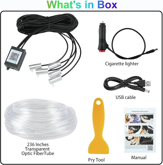 YUGUANG 5 in 1 Interior Car Lights Strip, Multicolor APP Control Music Sync RGB LED Car Ambient Lighting Kit with 236 inches Fiber Optic Cables