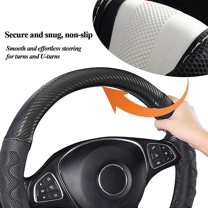 HZEL Car Steering Wheel Cover, Carbon Fiber Breathable Soft Grip Vehicle Steering Wheel Protector with Anti-Slip Lining, Automotive Interior Protective Decor Accessories, Universal Fit (Black)