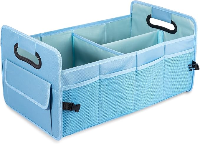 JiatuA Car Trunk Organizer, Car Organizers and Storage Collapsible Multi Compartment Container Box, Adjustable Car Accessories for SUV Sedan Truck, Standard Size, Light Blue