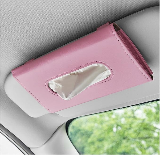 Car Visor Tissue Holder, Leather Auto Paper Towel Case Sun Visor Napkin Dispenser with 1 Pack Tissues, Rectangular Backseat Paper Towel Storage Holder for Most Vehicles (Pink)