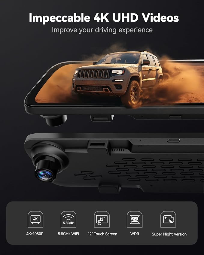 WOLFBOX G840S 12" 4K Mirror Dash Cam Backup Camera, 5.8GHz WiFi Smart Rearview Mirror for Cars & Trucks, Front and Rear View Dual Cameras, Night Vision, Parking Assistance, Included 32GB Card & GPS