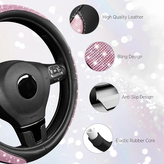Road Comforts Pixel Glitter Steering Wheel Cover, 14.5–15 Inch Leather Steering Wheels Snug Fit, Anti-Slip Leather Grip, Elegant Sparkle Design, Universal Fit - Light Pink