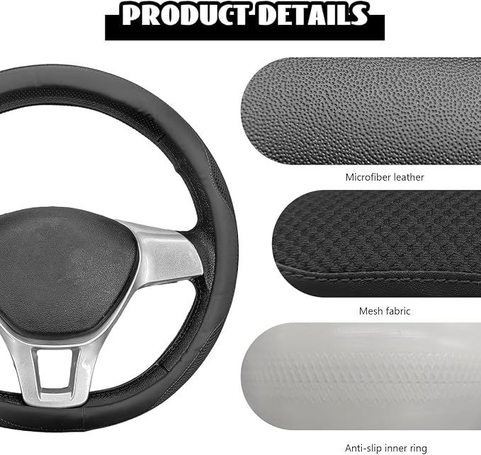 Microfiber Leather Steering Wheel Cover, Breathable Steering Wheel Protector with Anti-Slip Inner Ring, Universal 14.5"-15" Car Wheel Cover Auto Interior Decor for Men Women (Black)