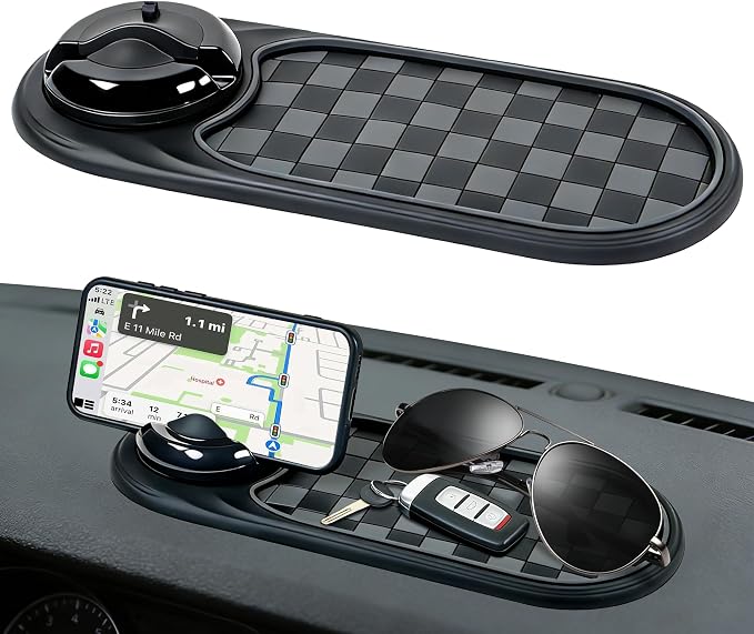 Universal Anti-Slip Car Dashboard Mat with 360° Rotating Phone Holder – Multi-Functional Organizer Pad for Phones, Sunglasses, Keys, and Daily Essentials (Gray Black)