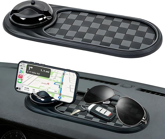 Universal Anti-Slip Car Dashboard Mat with 360° Rotating Phone Holder – Multi-Functional Organizer Pad for Phones, Sunglasses, Keys, and Daily Essentials (Gray Black)