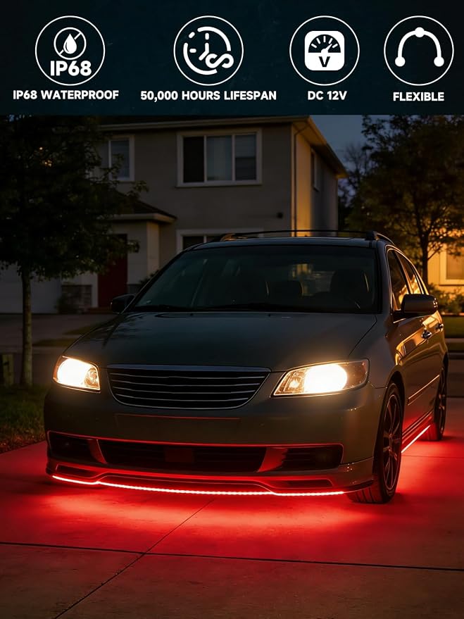 Car LED Strip Lights IP68 Waterproof Cuttable 24inch Red 4 Pcs | 12V Footwell & Underbody Lights, 5050 SMD Beads, Interior & Exterior Light, Fits SUVs, Trucks, Motorcycles, Boats, Golf Carts