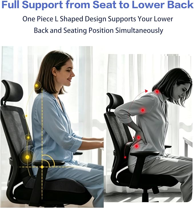 Back and Seat Cushion for Office Chair, Black | Wide ergonomic memory foam, coccyx cutout & adjustable straps, tailbone & back relief, non-slip for car, home & gaming