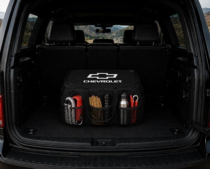 SR1 Performance USA Chevrolet Trunk Organizer - Expandable Pop Up Collapsible Cargo Storage Caddy for Chevy Cars, Trucks & SUVs - Black with Bowtie Logo