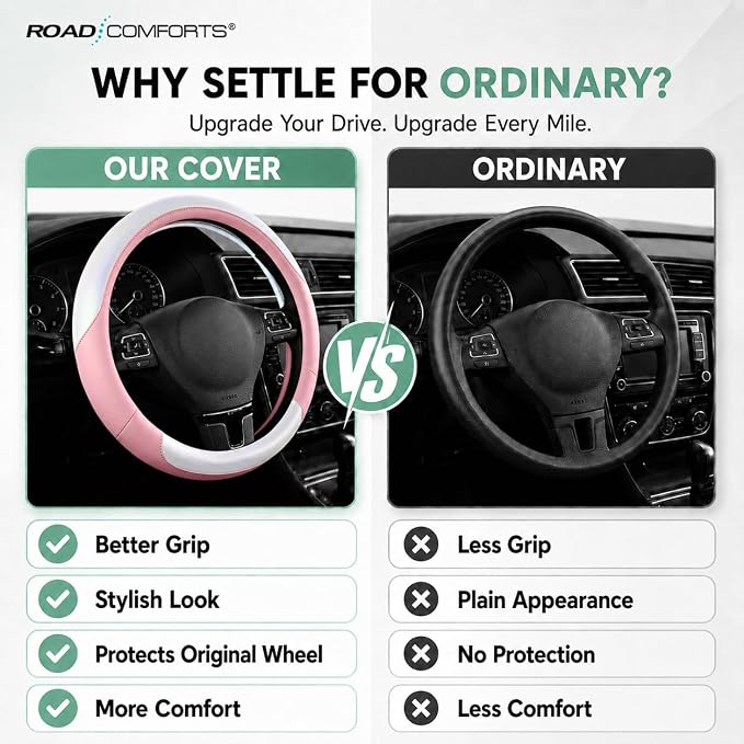 Road Comforts Steering Wheel Cover – Breathable Leather Steering Wheel Cover, Anti-Slip Grip, Universal Fit 14.5” to 15”, Heat & Cold Resistant for Cars, SUVs, and Trucks –Shining White & Pink